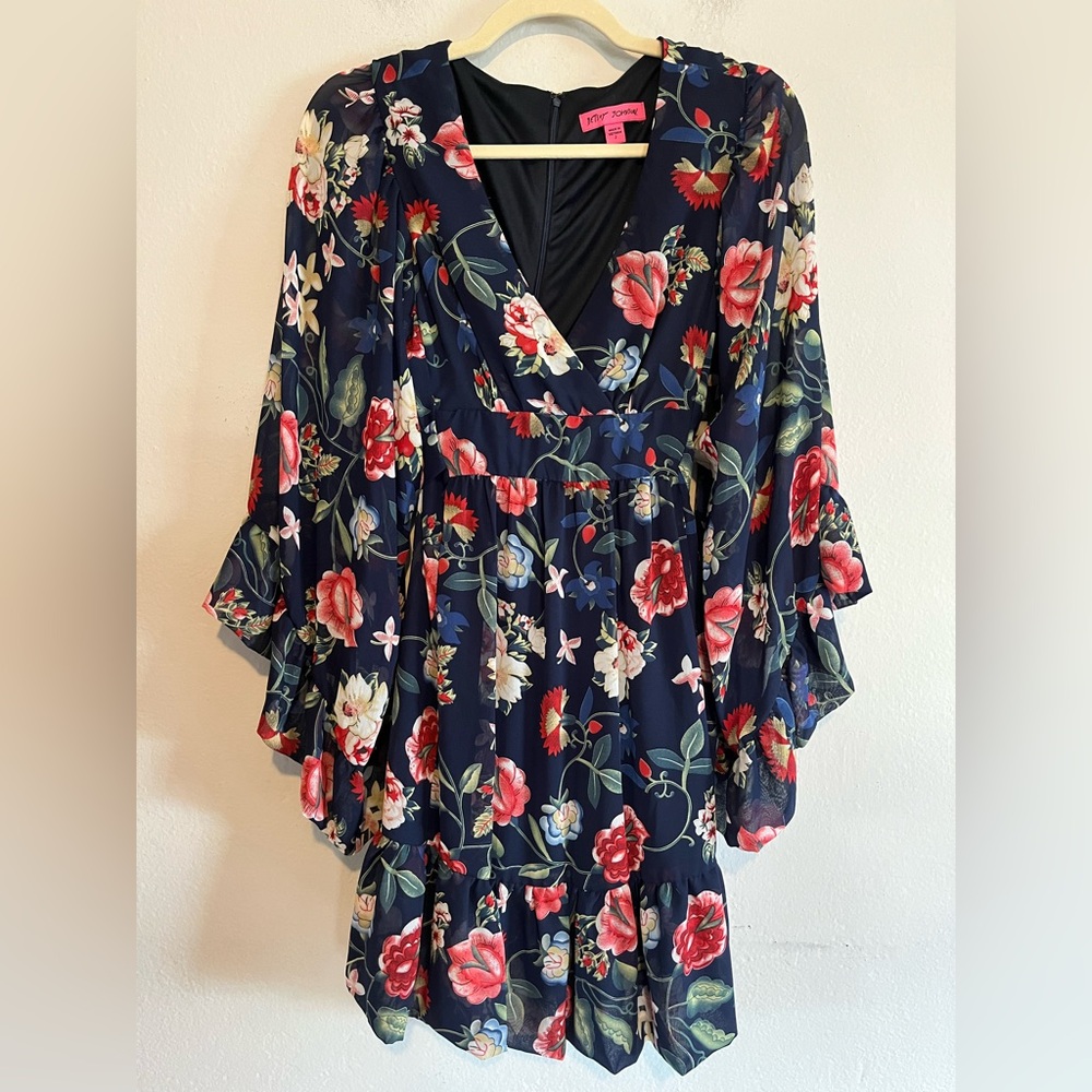 Betsey Johnson Bambi Babydoll Dress Sz 2 Floral Ruffle Flare Sleeve 70’s Retro
